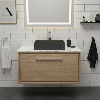 Hudson Reed Lille Wall Hung 1-Drawer Vanity Unit with Carrera Marble Worktop 800mm Wide - Bleached Oak | Product Image