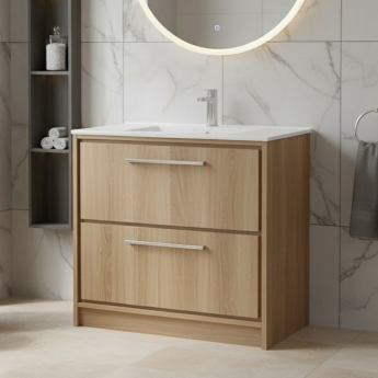 Hudson Reed Lille Floor Standing 2-Drawer Vanity Unit with 1TH Minimalist Basin 800mm Wide - Bleached Oak | Product Image
