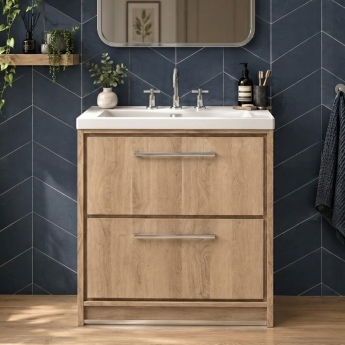 Hudson Reed Lille Floor Standing 2-Drawer Vanity Unit with 3TH Contemporary Basin 800mm Wide - Bleached Oak | Product Image
