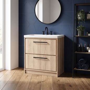 Hudson Reed Lille Floor Standing 2-Drawer Vanity Unit with 3TH Contemporary Basin 800mm Wide - Bleached Oak | Product Image