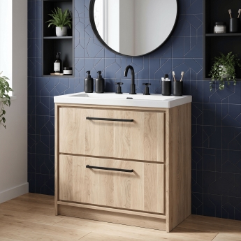 Hudson Reed Lille Floor Standing 2-Drawer Vanity Unit with 3TH Contemporary Basin 800mm Wide - Bleached Oak | Product Image