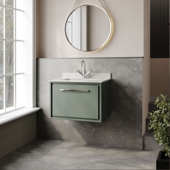 Hudson Reed Lille Wall Hung 1-Drawer Vanity Unit with White Marble Worktop Basin 600mm Wide - Fern Green | Product Image