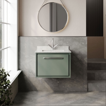 Hudson Reed Lille Wall Hung 1-Drawer Vanity Unit with White Marble Worktop Basin 600mm Wide - Fern Green | Product Image