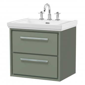 Hudson Reed Lille Wall Hung 2-Drawer Vanity Unit with 3TH Classique Basin 600mm Wide - Fern Green | Product Image