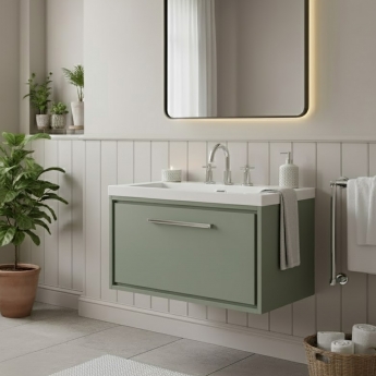 Hudson Reed Lille Wall Hung 1-Drawer Vanity Unit with 3TH Contemporary Basin 800mm Wide - Fern Green | Product Image