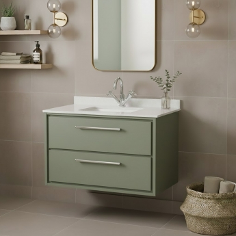 Hudson Reed Lille Wall Hung 2-Drawer Vanity Unit with White Marble Worktop Basin 800mm Wide - Fern Green | Product Image