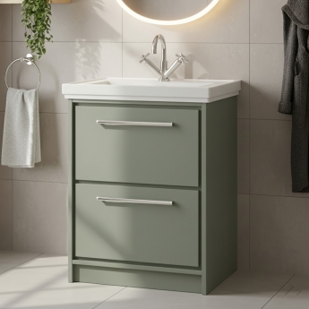 Hudson Reed Lille Floor Standing 2-Drawer Vanity Unit with 1TH Classique Basin 600mm Wide - Fern Green | Product Image