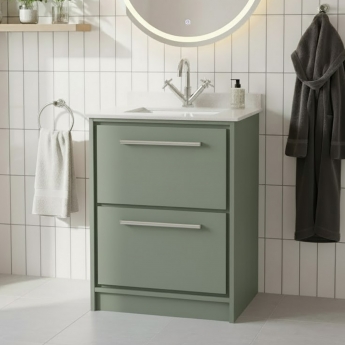 Hudson Reed Lille Floor Standing 2-Drawer Vanity Unit with White Marble Worktop Basin 600mm Wide - Fern Green | Product Image
