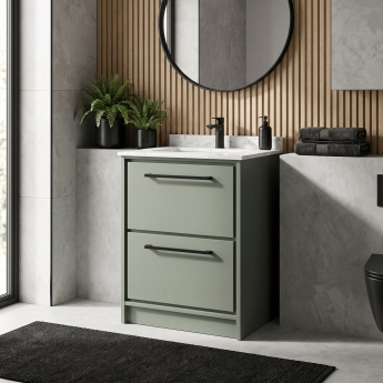 Hudson Reed Lille Floor Standing 2-Drawer Vanity Unit with White Marble Worktop Basin 600mm Wide - Fern Green | Product Image