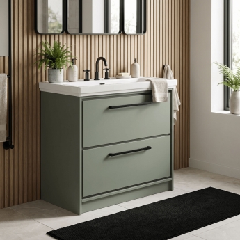 Hudson Reed Lille Floor Standing 2-Drawer Vanity Unit with 3TH Classique Basin 800mm Wide - Fern Green | Product Image
