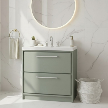 Hudson Reed Lille Floor Standing 2-Drawer Vanity Unit with 3TH Contemporary Basin 800mm Wide - Fern Green | Product Image
