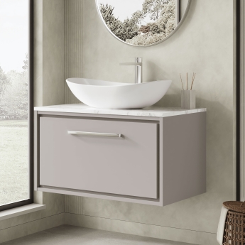 Hudson Reed Lille Wall Hung 1-Drawer Vanity Unit with Carrara Marble Worktop 800mm Wide - Pebble Grey | Product Image