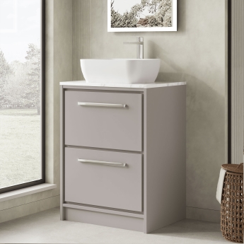 Hudson Reed Lille Floor Standing 2-Drawer Vanity Unit with Carrara Marble Worktop 600mm Wide - Pebble Grey | Product Image
