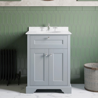 Hudson Reed Old London Floor Standing Vanity Unit with 3TH White Marble Top Basin 600mm Wide - Storm Grey | Product Image