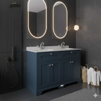 Hudson Reed Old London Floor Standing Vanity Unit with 1TH White Double Marble Top Rectangular Basin 1220mm Wide - Twilight Blue