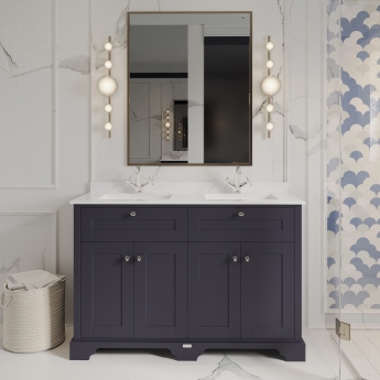 Hudson Reed Old London Floor Standing Vanity Unit with 1TH White Double Marble Top Rectangular Basin 1220mm Wide - Twilight Blue | Product Image