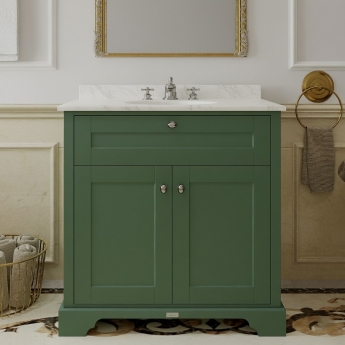 Hudson Reed Old London Floor Standing Vanity Unit with 3TH White Marble Top Basin 800mm Wide - Hunter Green