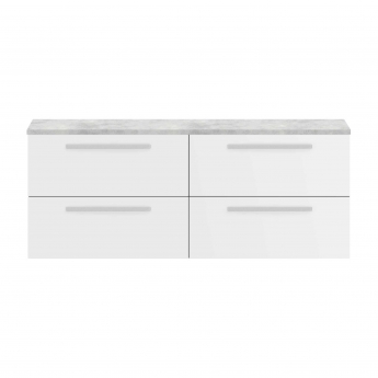 Hudson Reed Quartet Wall Hung 4-Drawer Double Vanity Unit with Grey Worktop 1440mm Wide - Gloss White