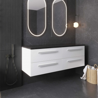 Hudson Reed Quartet Wall Hung 4-Drawer Double Vanity Unit with Sparkling Black Worktop 1440mm Wide - Gloss White