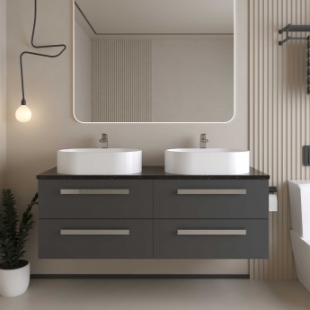 Hudson Reed Quartet Wall Hung 4-Drawer Double Vanity Unit with Sparkling White Worktop 1440mm Wide - Gloss Grey