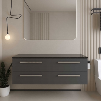 Hudson Reed Quartet Wall Hung 4-Drawer Double Vanity Unit with Sparkling Black Worktop 1440mm Wide - Gloss Grey
