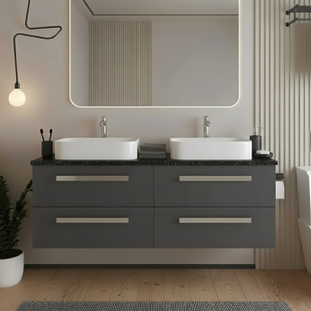 Hudson Reed Quartet Wall Hung 4-Drawer Double Vanity Unit with Sparkling Black Worktop 1440mm Wide - Gloss Grey