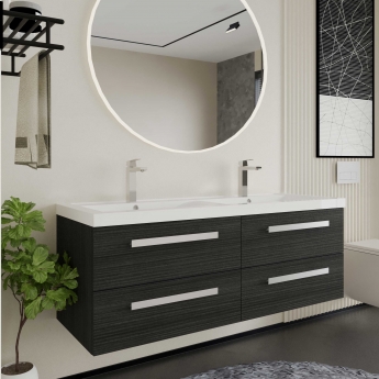 Hudson Reed Quartet Double Vanity Unit with Basin 1440mm Wide Wall Mounted - Charcoal Black Woodgrain