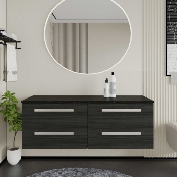 Hudson Reed Quartet Wall Hung 4-Drawer Double Vanity Unit with Sparkling Black Worktop 1440mm Wide - Charcoal Black Woodgrain | Product Image