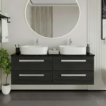 Hudson Reed Quartet Wall Hung 4-Drawer Double Vanity Unit with Sparkling Black Worktop 1440mm Wide - Charcoal Black Woodgrain | Product Image