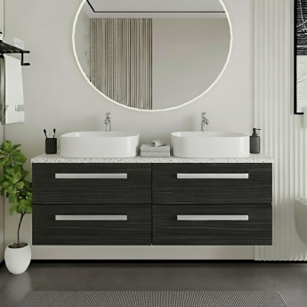 Hudson Reed Quartet Wall Hung 4-Drawer Double Vanity Unit with Sparkling White Worktop 1440mm Wide - Charcoal Black Woodgrain