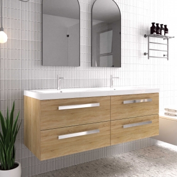 Hudson Reed Quartet Double Vanity Unit with Basin 1440mm Wide Wall Mounted - Natural Oak