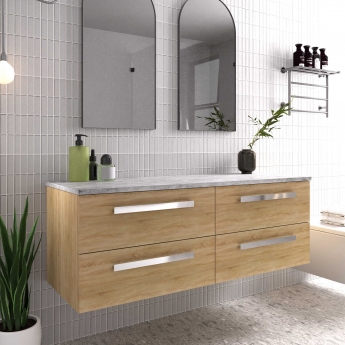 Hudson Reed Quartet Wall Hung 4-Drawer Double Vanity Unit with Grey Worktop 1440mm Wide - Natural Oak