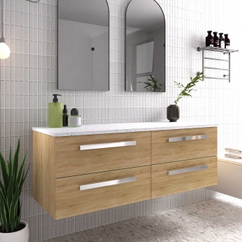 Hudson Reed Quartet Wall Hung 4-Drawer Double Vanity Unit with Sparkling White Worktop 1440mm Wide - Natural Oak