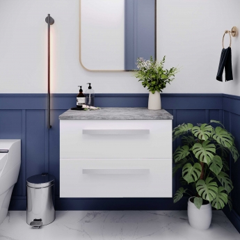 Hudson Reed Quartet Wall Hung 2-Drawer Single Vanity Unit with Grey Worktop 720mm Wide - Gloss White