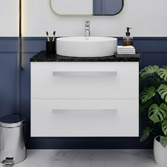 Hudson Reed Quartet Wall Hung 2-Drawer Single Vanity Unit with Sparkling Black Worktop 720mm Wide - Gloss White
