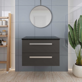 Hudson Reed Quartet Wall Hung 2-Drawer Single Vanity Unit with Sparkling Black Worktop 720mm Wide - Gloss Grey