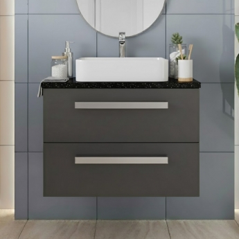 Hudson Reed Quartet Wall Hung 2-Drawer Single Vanity Unit with Sparkling Black Worktop 720mm Wide - Gloss Grey