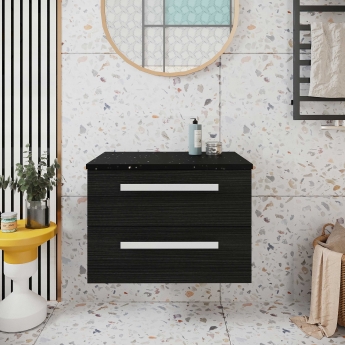 Hudson Reed Quartet Wall Hung 2-Drawer Single Vanity Unit with Sparkling Black Worktop 720mm Wide - Charcoal Black Woodgrain