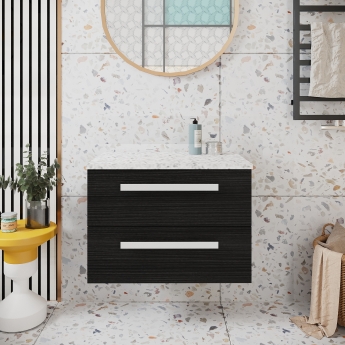 Hudson Reed Quartet Wall Hung 2-Drawer Single Vanity Unit with Sparkling White Worktop 720mm Wide - Charcoal Black Woodgrain