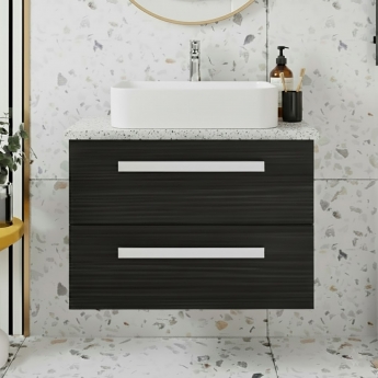 Hudson Reed Quartet Wall Hung 2-Drawer Single Vanity Unit with Sparkling White Worktop 720mm Wide - Charcoal Black Woodgrain