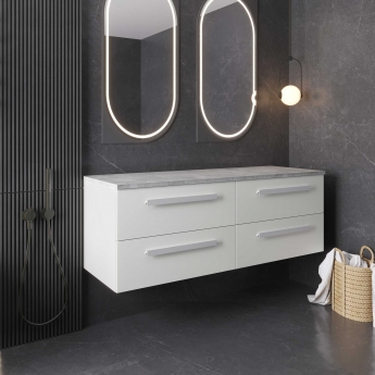 Hudson Reed Quartet Wall Hung 4-Drawer Double Vanity Unit with Grey Worktop 1440mm Wide - Gloss Grey Mist