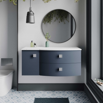 Hudson Reed Sarenna RH Wall Hung Vanity Unit with White Marble Top 1000mm Wide - Mineral Blue | Product Image