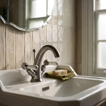 Hudson Reed Topaz Lever Mono Basin Mixer Tap Dual Handle with Pop Up Waste - Brushed Pewter | Product Image