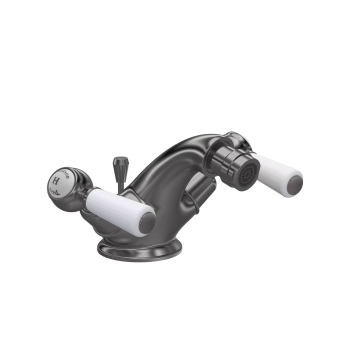 Hudson Reed Topaz Dome Collar Bidet Mixer Tap with Waste Lever Handle - White/Brushed Pewter | Product Image