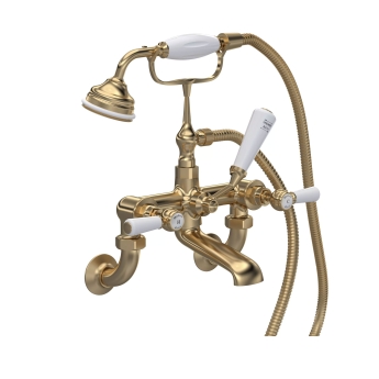 Hudson Reed Topaz Hexagonal Lever Brushed Brass Bath Shower Mixer Tap Wall Mounted - White Indices | Product Image