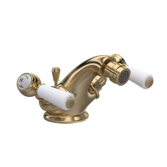 Hudson Reed Topaz Hexagonal Collar Bidet Mixer Tap with Waste Lever Handle - White/Brushed Brass | Product Image