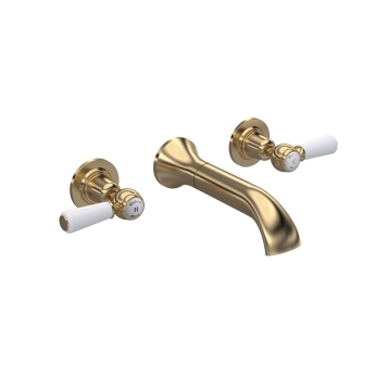 Hudson Reed White Topaz Wall Mounted Lever 3-Hole Basin Mixer Tap - Brushed Brass | Product Image