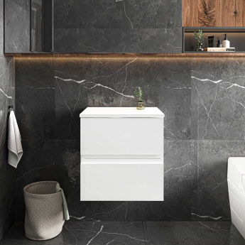 Hudson Reed Urban Wall Hung 2-Drawer Vanity Unit with Worktop 500mm Wide - Satin White