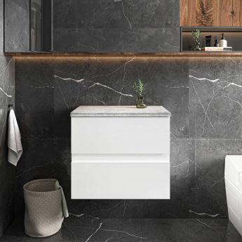Hudson Reed Urban Wall Hung 2-Drawer Vanity Unit with Bellato Grey Worktop 600mm Wide - Satin White | Product Image