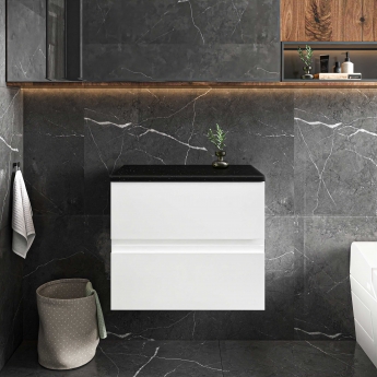 Hudson Reed Urban Wall Hung 2-Drawer Vanity Unit with Sparkling Black Worktop 600mm Wide - Satin White